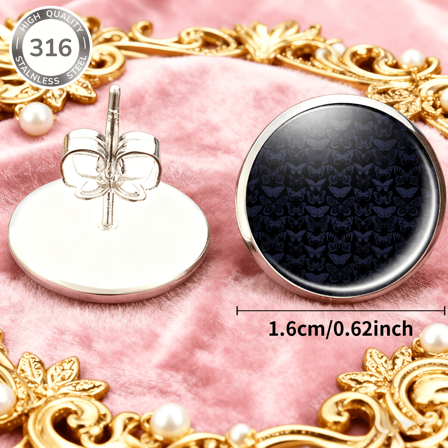 2pcs Black Round Pattern Butterfly Stainless Steel No-Punching Earrings